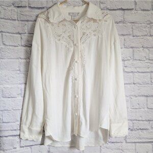 Caroline Constas Broderie Lace Button Down Blouse L NEW White Linen Embroidered
